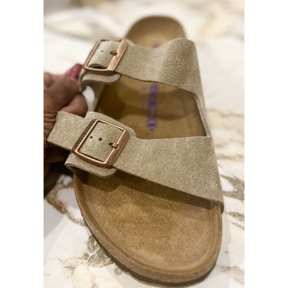 Birkenstock Suede Two-Strap Sandals in Taupe with Rose Gold Buckles